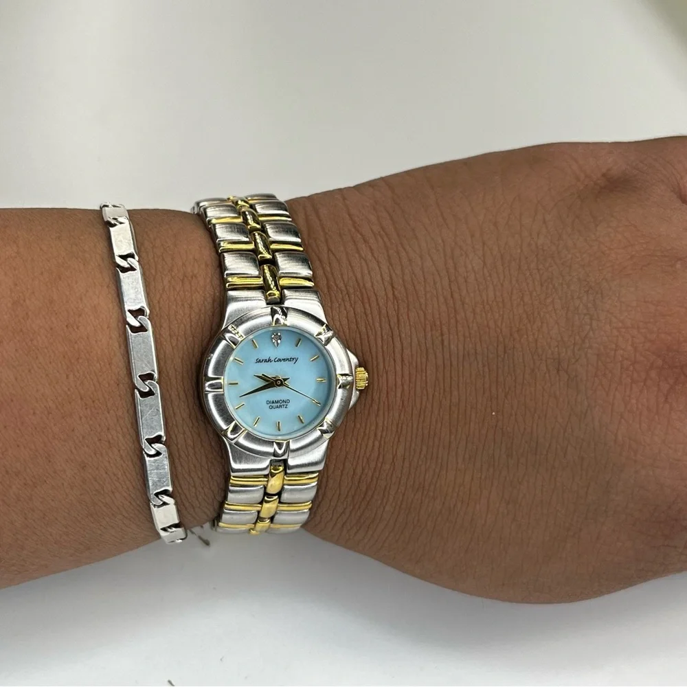 VTG Sarah Coventry Women's Silver/Gold Tone Wristwatch diamond Quartz Blue‎ Dial
